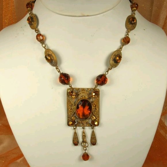 ART DECO CZECH Necklace 1930s Signed Lavalier TOPAZ CITRINE PASTE 15 in Choker - Picture 1 of 12